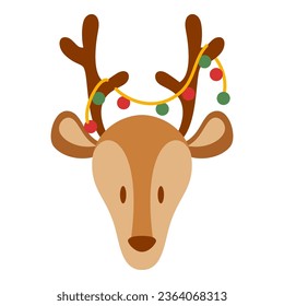 Flat Santa's Reindeer Head Character. Christmas Event. Vector Illustration