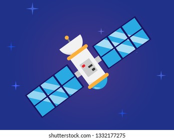Flat satellite on a blue space bacground with stars.