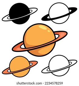 Flat saturn planet with ring set collection. Isolated on white. Planet, saturn, star,ring, gas, asteroid, galaxy, space, silhouette, logo, icon, vector illustration