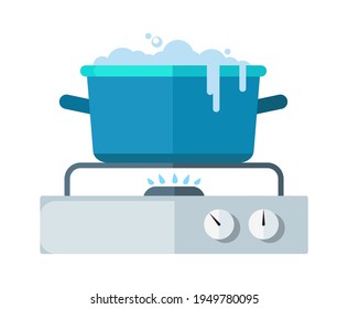 Flat saucepan on stove. Gas burner, water boils out of pan. Food preparation, kitchen cooking process isolated vector illustration