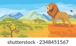 Flat savanna composition with lion roarning on mountain cliff vector illustration