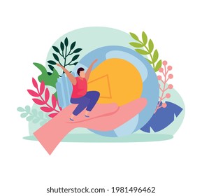 Flat save nature and energy concept with human hand holding light bulb and character vector illustration