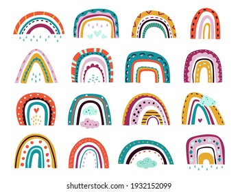 Flat Scandinavian Rainbows. Color Shapes, Different Rainbow Abstract Symbol. Nursery Baby Boho Decorations, Unusual Clouds Exact Vector Set