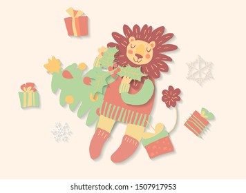 Flat scandinavian style cartoon cute character lion with presents and tree. Minimal vector illustration, merry Christmas card.