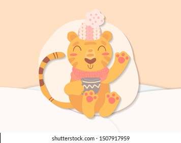 Flat scandinavian style cartoon cute character tiger with mug of tea surrounded by winter landscape. Minimal vector illustration, merry Christmas card.