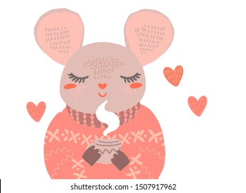 Flat scandinavian style cartoon cute character mouse with mug of tea. Minimal vector illustration, merry Christmas card.