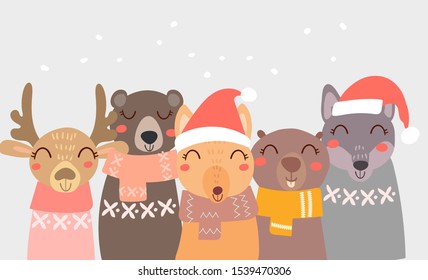 Flat scandinavian style cartoon cute character animals in winter clothes and Santa hat. Minimal vector illustration, merry Christmas card.