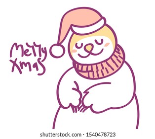 Flat scandinavian style cartoon cute character animal sloth in winter clothes and Santa hat. Minimal vector illustration, merry Christmas card.