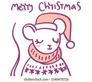 Flat scandinavian style cartoon cute character animal mouse in winter clothes and Santa hat. Minimal vector illustration, merry Christmas card.