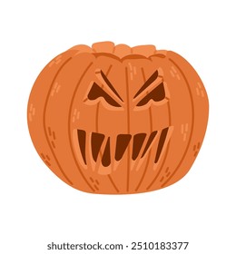 Flat scary Halloween pumpkin in hand drawn style. Spooky design for autumn holiday isolated on white background. Cute angry jack o lantern