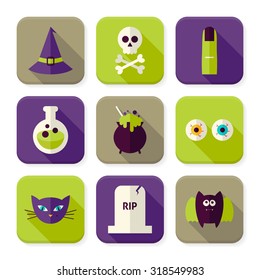 Flat Scary Halloween Witch Squared App Icons Set. Autumn Halloween Holiday Colorful Objects. Bundle of Tricks and Treats Items. Icons for Website and Mobile Application