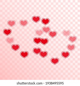 Flat scattered hearts confetti valentine background. Abstract greeting card backdrop. Ruby red hearts love emotion symbols isolated on white background. Birthday lovely decor.