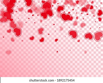 Flat Scattered Hearts Falling Valentine Background. Creative February 14 Backdrop. Ruby Red Hearts Love Passion Symbols Isolated On White Background. Birthday Lovely Decor.