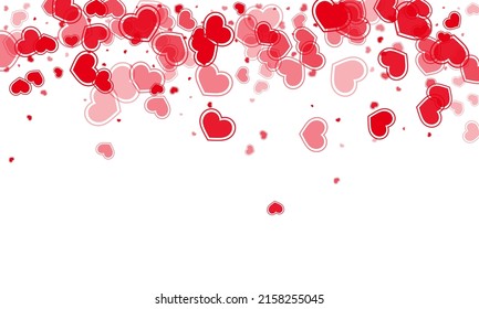 Flat scattered hearts falling valentine background. Modern wedding decor design. Bright hearts love passion symbols isolated on transparent background. Romantic event sweet decor.