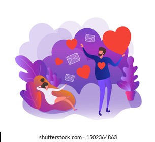 Flat scene cartoon illustration vector style. Send love message, meeting, dating for relationship