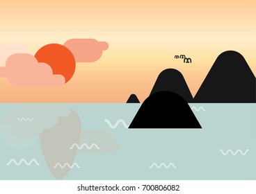 Flat scene design Mountains and sea before sunset