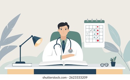 Flat scene with a doctor reminding the importance of prevention and check-up of the body. Medical examination calendar