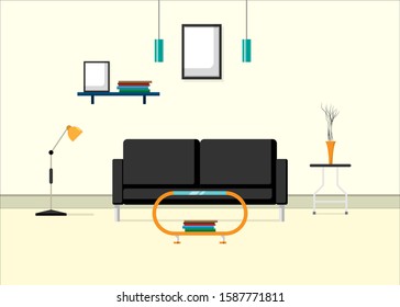 Flat scene interior design with furniture in living room,black sofa, orange table, flower vase, orange lamp, picture frame and book shelf. Large picture frame and blue lantern,on white background