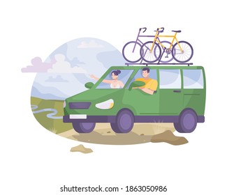 Flat scenery and minivan with bicycles on roof vector illustration