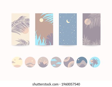 Flat scenery and round emblem vector icon set. Social network story highlight backgrounds. Landscape minimal aesthetic, poster prints, brochures. Design templates for lifestyle, beauty, travel blogger