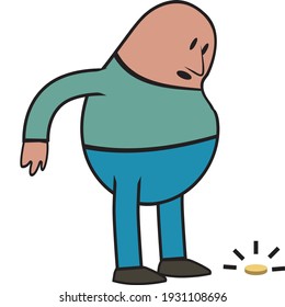 A flat, schematic, cartoon, man has found a coin in the floor. Vector illustration
