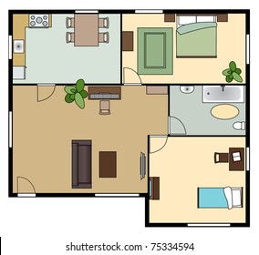 flat scheme with furniture, view from above, vector