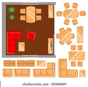 flat scheme with furniture, view from above, dining room