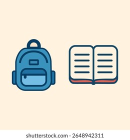Flat school backpack and notebook icon in vector style, perfect for student gear, school prep, study, and classroom supplies design for kids and teens