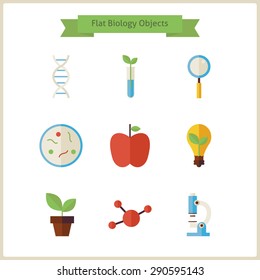 Flat School Biology Objects Set. Flat Styled Vector Illustrations. Back to School. Science and Education Set. Collection of Chemistry Botany Biology and Research Objects isolated over white.