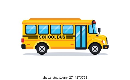Flat school bus cartoon with clean outline on white background. Simple yellow bus illustration perfect for education, back to school, and kids design projects.