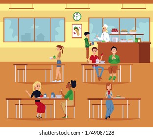 Flat School Cafeteria Room Interior With Children Sitting Eating Lunch At Tables And Lunch Lady Serving Food Behind The Counter - Cartoon Vector Illustration