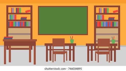 Flat school classroom with desk, chalkboard and bookshelf