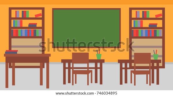 Flat School Classroom Desk Chalkboard Bookshelf Stock Vector