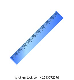 Flat school drawing ruler made of plastic. Blue color. Isolated object, top view. Vector illustration.