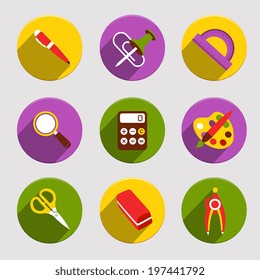 Flat school education icons set of pen color palette eraser isolated vector illustration