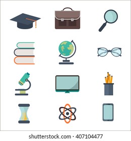 Flat school and education icons set vector illustration. School education icons and university education icons. Graduation education icons and diploma learning sign student education icons.