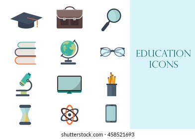 Flat school and education icons set vector illustration. School education icons and university education icons. Graduation education icons and diploma learning sign student education icons.