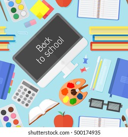 Flat school education items. Seamless pattern. Vector background