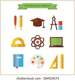 Flat School and Education Objects Set. Vector Illustration. Collection of Knowledge Objects Isolated over white. Science and Learning. Back to School Concept 