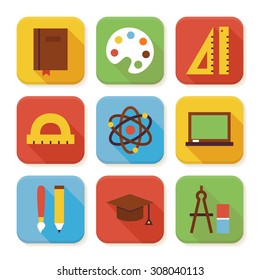 Flat School and Education Squared App Icons Set. Flat Style Vector Illustration. Knowledge and Science Set. Collection of Square Rectangular Shape Application Colorful Icons with Long Shadow 