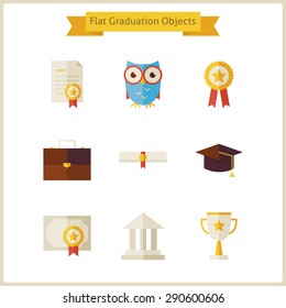 Flat School Graduation and Success Objects Set. Back to School. Science and Education Set. Collection of School and University Objects isolated over white.