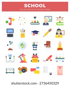 Flat school icons lab. laptop. graduation cap. pencil. teacher.