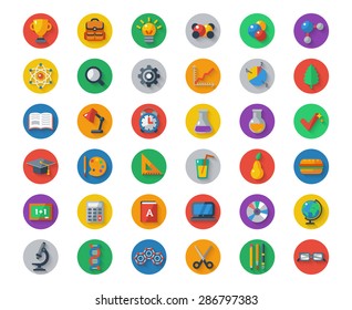 Flat School Icons on Circles with Shadow. Vector Collection. College Education Items with Teaching and Learning Symbols. 