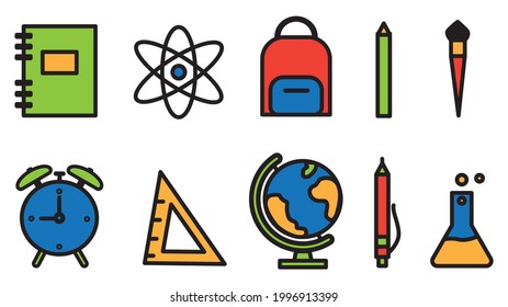 Flat School Icons Vector coloured Collection. Studying and Educational Elements. Isolated on white background