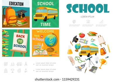 Flat school infographic template with bus bag graduation cap easel globe books apple telescope trophy calculator microscope colorful pencils bulb vector illustration
