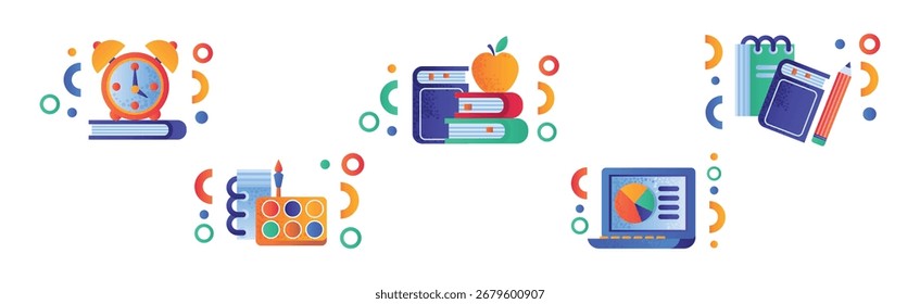 Flat School Items and Supply for Education Vector Set