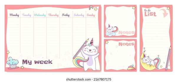 Flat school timetable template for pupil kids with cute unicorn cat character. Children schedule with notes and to do list. Weekly and daily planner, week organizer with magic caticorn on moon, cloud.