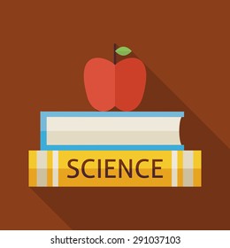 Flat Science Books with Apple and Knowledge Illustration with Shadow. Back to School and Education Vector illustration. Flat Style Colorful Books with long Shadow. Library and Reading