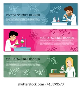 Flat science and chemistry horizontal vector banner template set with cute scientist male and female characters and lab equipment (flasks, burner, microscope, test tubes etc). Fully editable, eps 10.