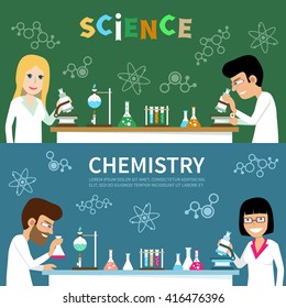Flat science and chemistry horizontal vector banner template with cute scientist male and female characters and lab equipment (flasks, burner, microscope, test tubes et?). Fully editable, eps 10.